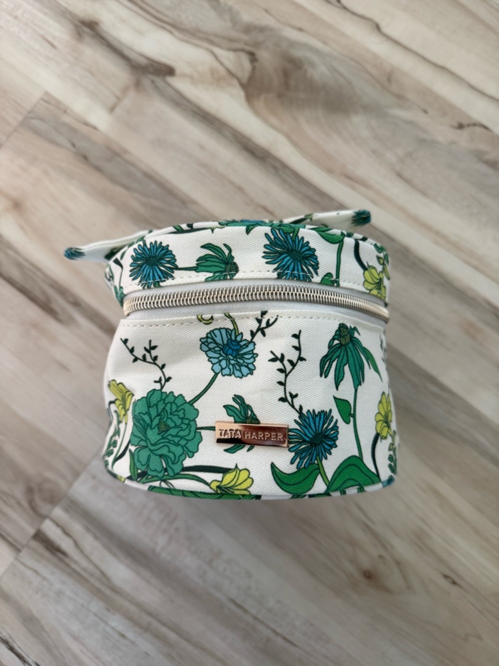 Tata Harper White Cosmetic Pouch with Green Floral Print